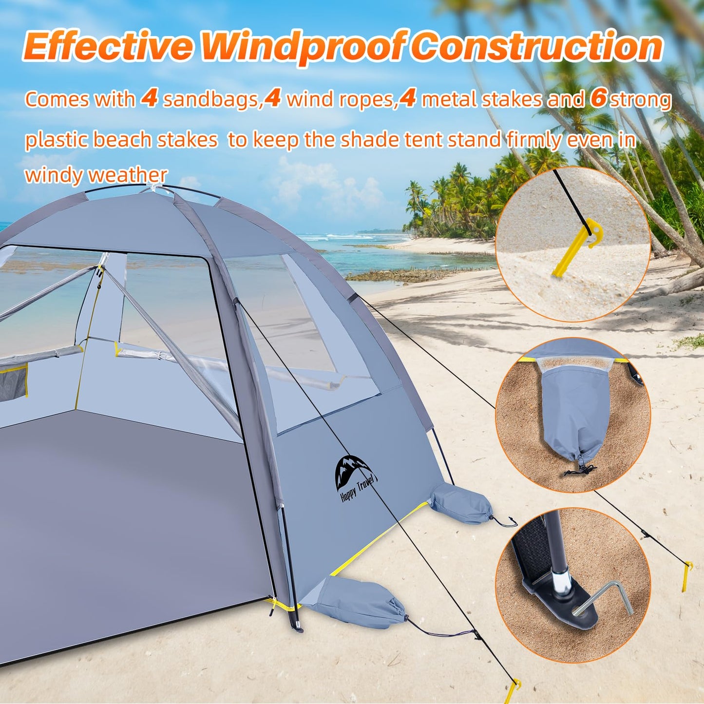 Happy Travel Beach Tent Sun Shelter for 3/4/5/6/7/8 Person, Portable UPF 50+ UV Protection Beach Shade Canopy for Family & Baby, Lightweight & Easy Setup Beach Cabana with 3 Ventilation Mesh Windows
