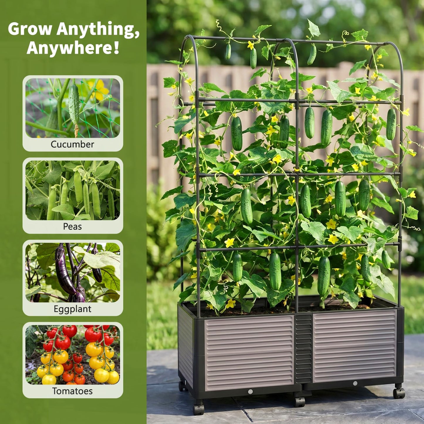 UrGROWA Raised Garden Bed Planter Box with Trellis, 72.8'' Tomato Planters for Climbing Plants Vegetable Vine Flowers Outdoor Patio Tomato Cage, Self Watering Planter with Wheels