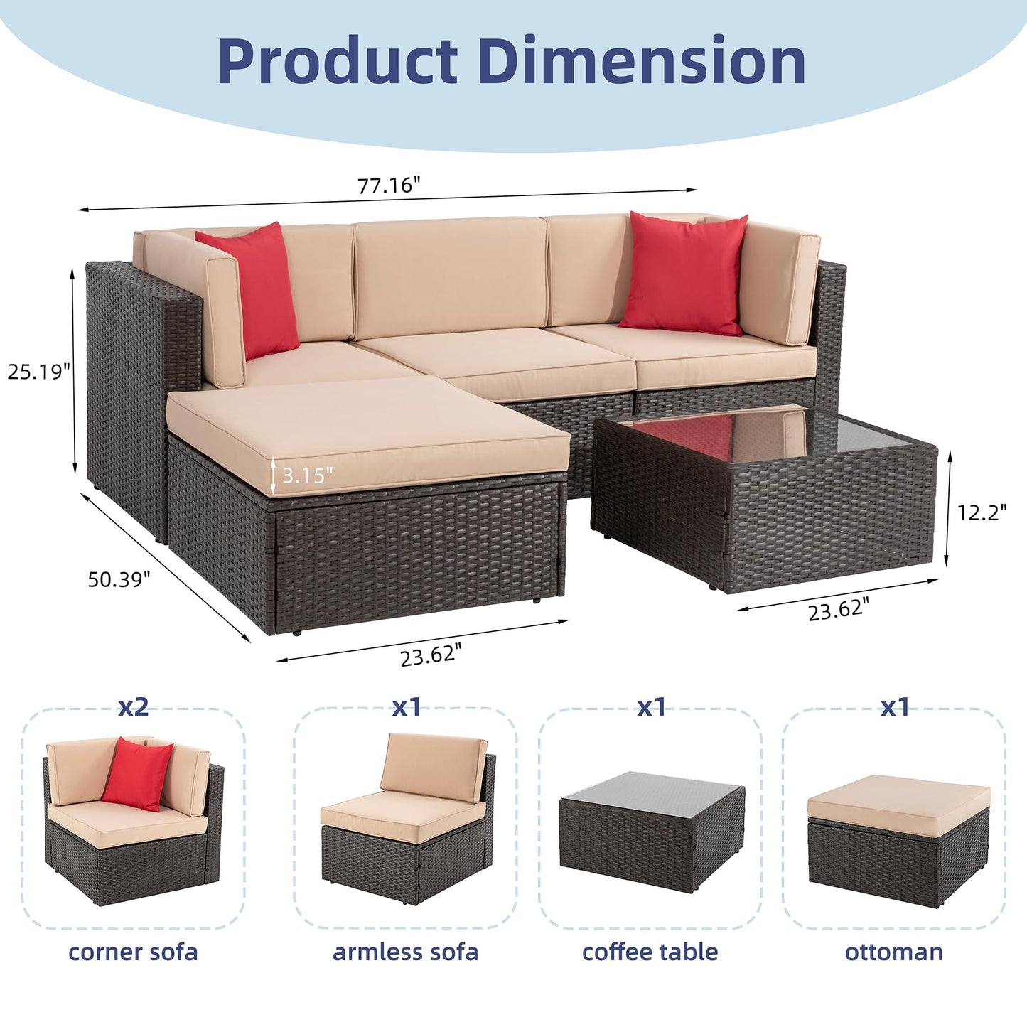 Vongrasig 5 Piece Patio Furniture Sets, Outdoor Patio Set Sectional Sofa, All-Weather PE Rattan Outdoor Couch with Ottoman, Glass Table for Garden, Backyard, Porch, Beige
