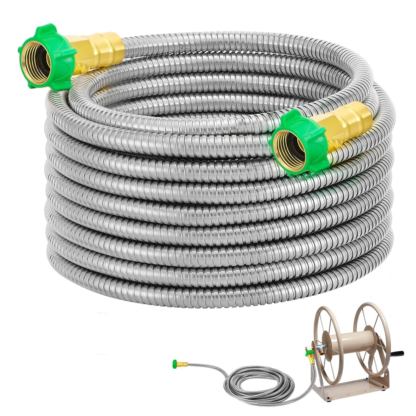 Garden Hose with Female to Female Connector - 25ft Metal Leakproof Leader Hose for Reel, Heavy Duty 304 Stainless Steel Flexible Water Pipe for Outdoor Garden Watering Car Pet Cleaning
