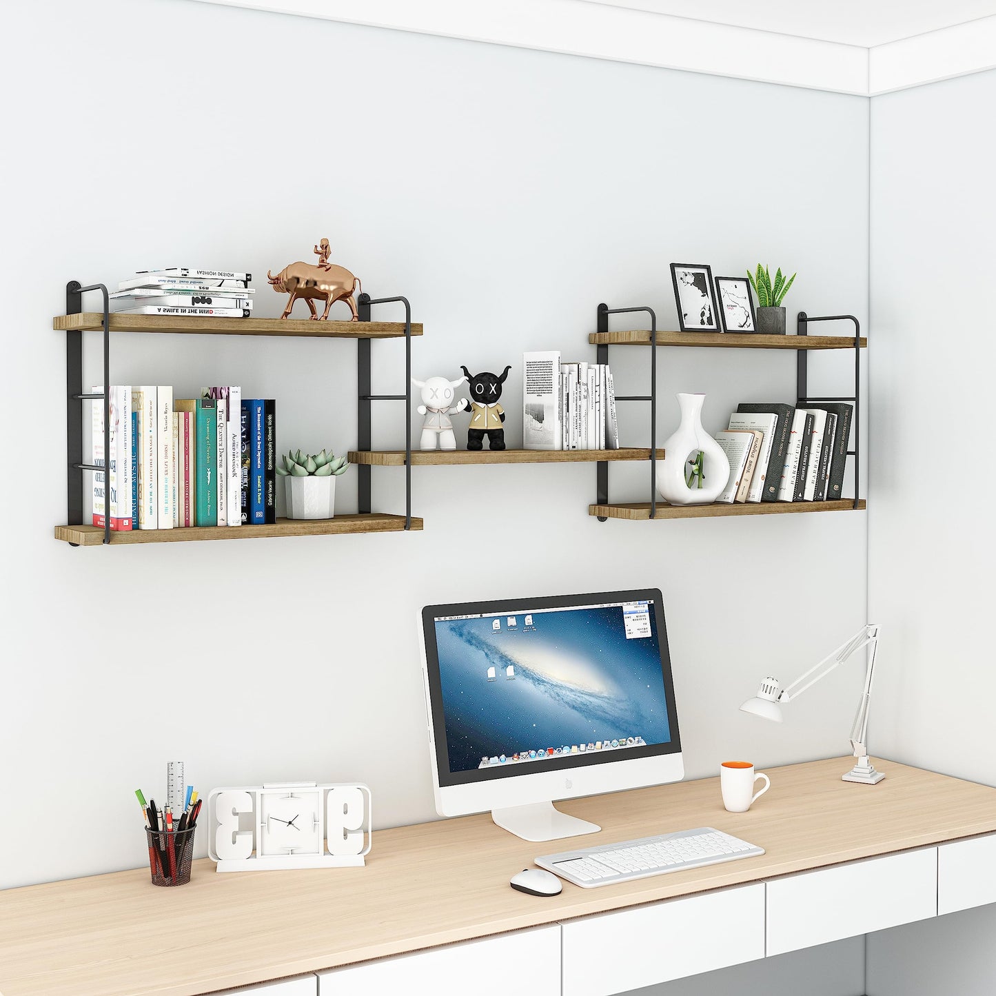 MXCSE Wall Shelves, Wall Mounted Bookshelves, DIY Floating Shelves for Wall, Wood Hanging Book Shelves for Room, Bedroom, Living Room, Easy Installation (Wooden, 50W x 17H)
