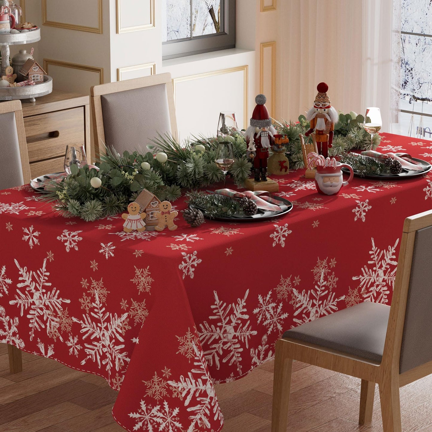 XCHI Winter Red Snowflakes Tablecloth Rectangle Christmas Table Cloth Washable Table Covers for Indoor Dining Home Party Xmas Decorations 60x84 Inch