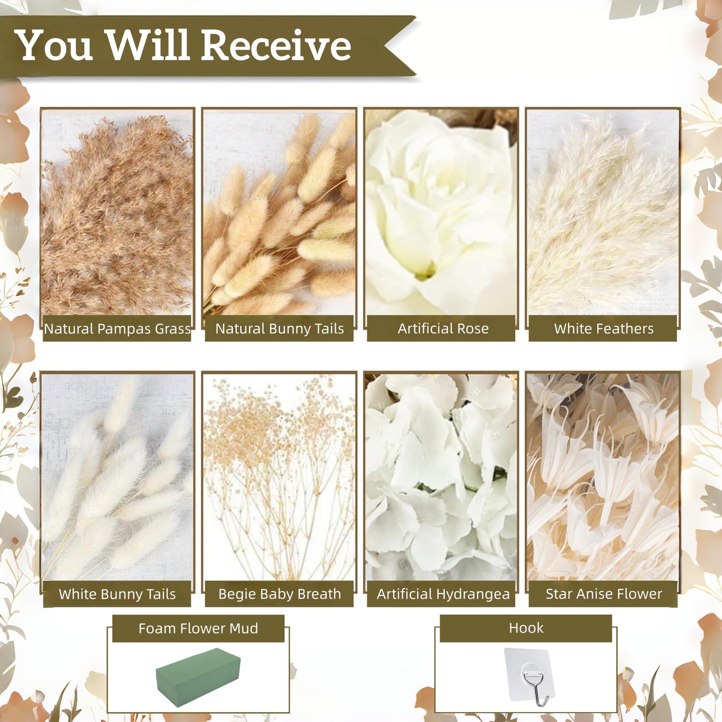 35” Pampas Grass Wall Decor Natural Fluffy Dried Reeds with Bunny Tails Baby Breath Artificial Hydrangea Flowers Large Pampas Easy Install for Home Wedding Arch Entryway Farmhouse Party Boho Decor