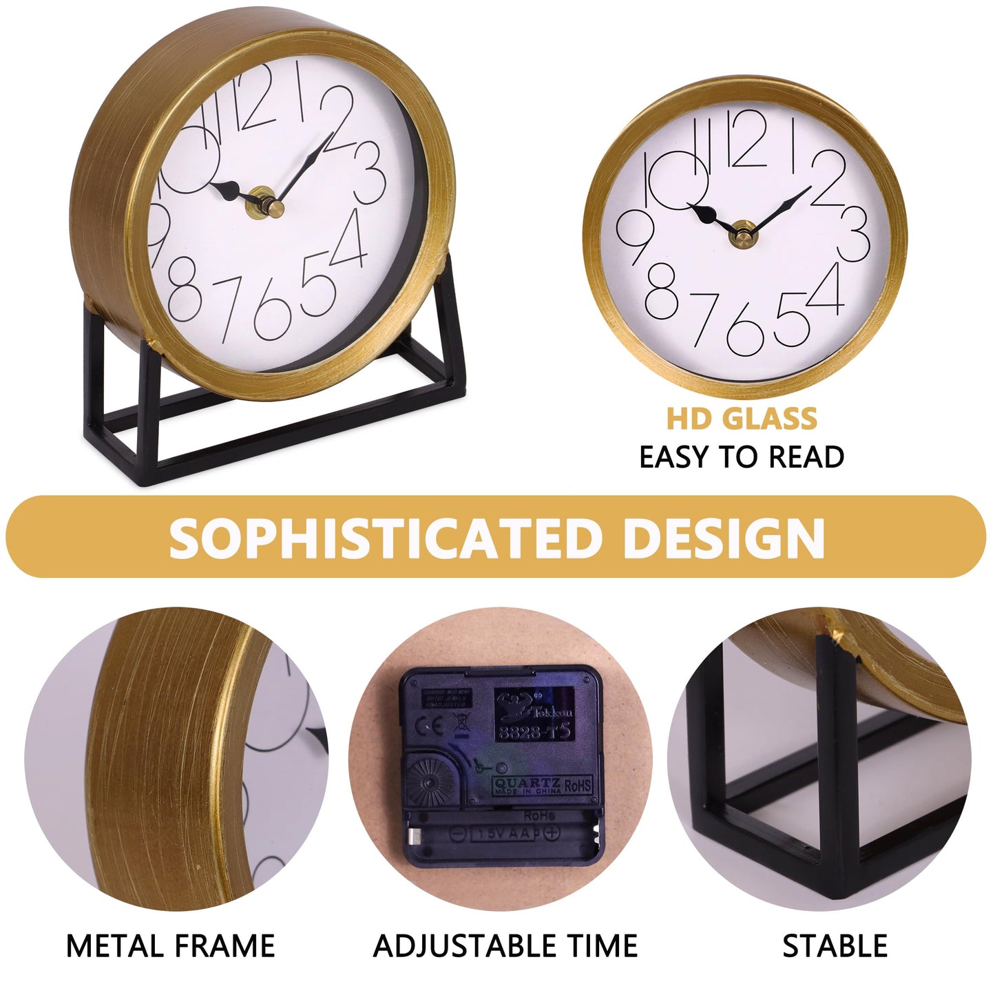 VinSees Modern Golden Table Clock on Stand, Decorative Desk and Shelf Clock, Mantel Clock Farmhouse Clock Non-Ticking, Home Décor for Living Room, Bedroom, Bedside, Desk, Gift Clock (Gold)