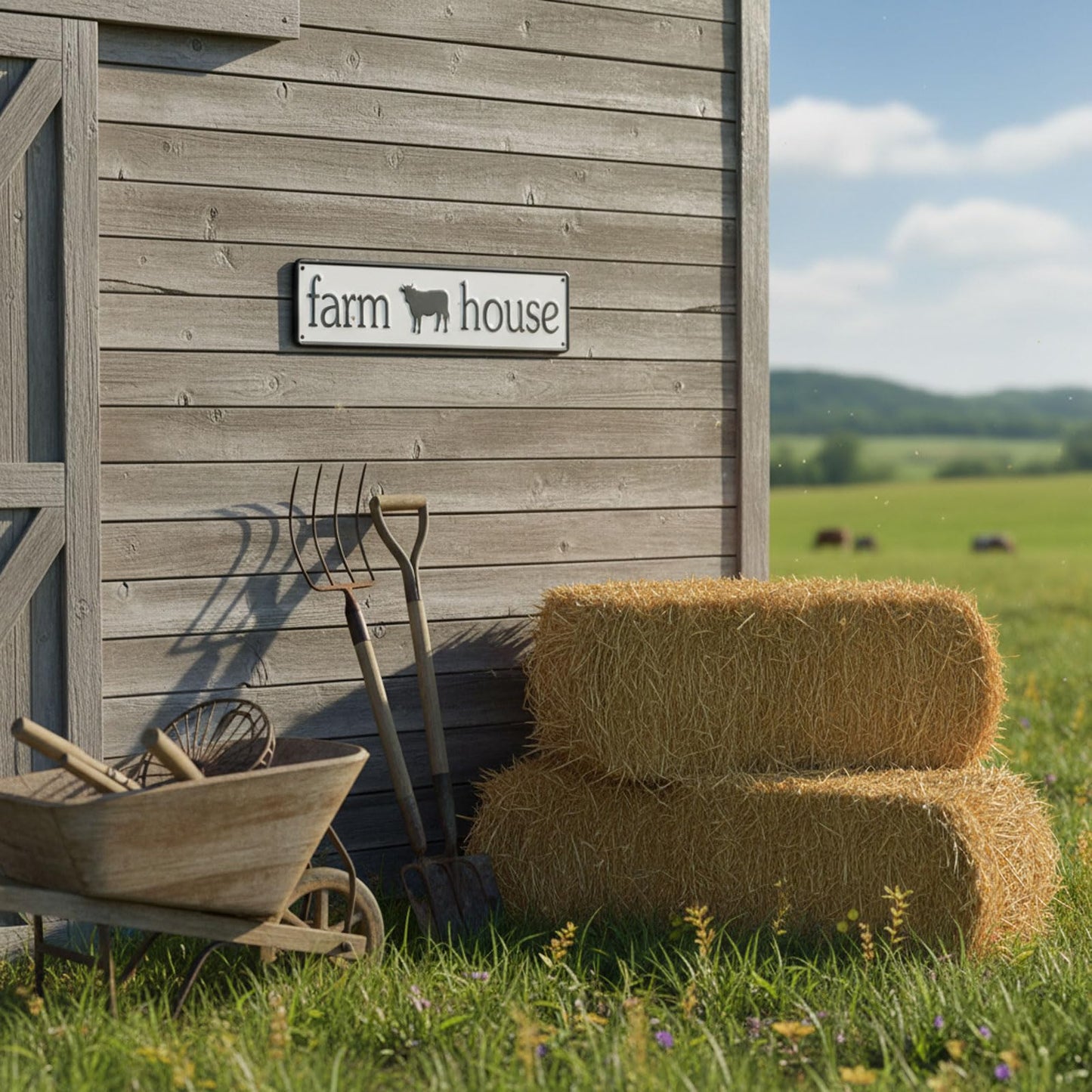AIM & GGKK Farmhouse Wall Sign with Cow - Black and White Farmhouse Wall Art for Kitchen, Living Room, Bedroom - Rustic Metal Wall Decor for Home