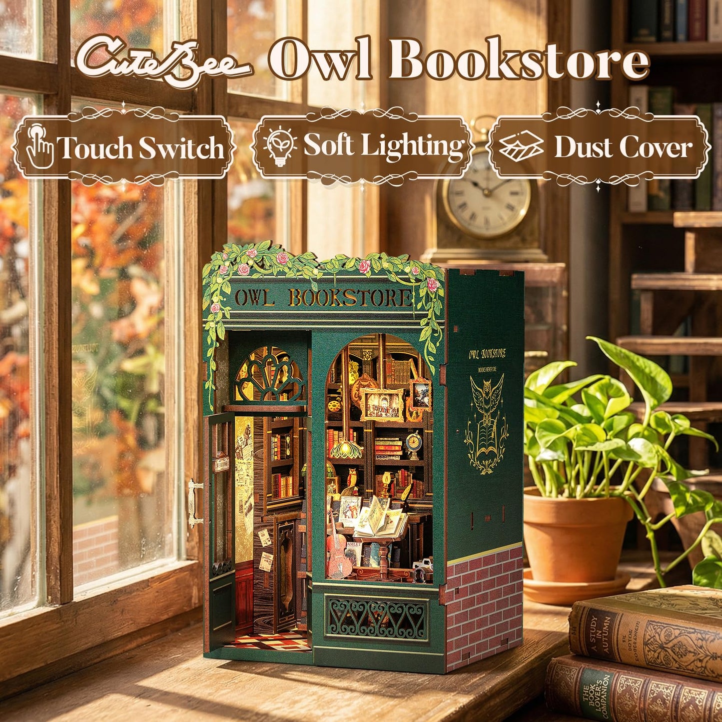 CUTEBEE Book Nook Kit - DIY Miniature House Kit for Adults, Teens and Beginners, Dollhouse Booknook Library Tiny House Bookshelf Decor 3D Wooden Puzzle, Gifts for Family, Friends (Owl Bookstore)