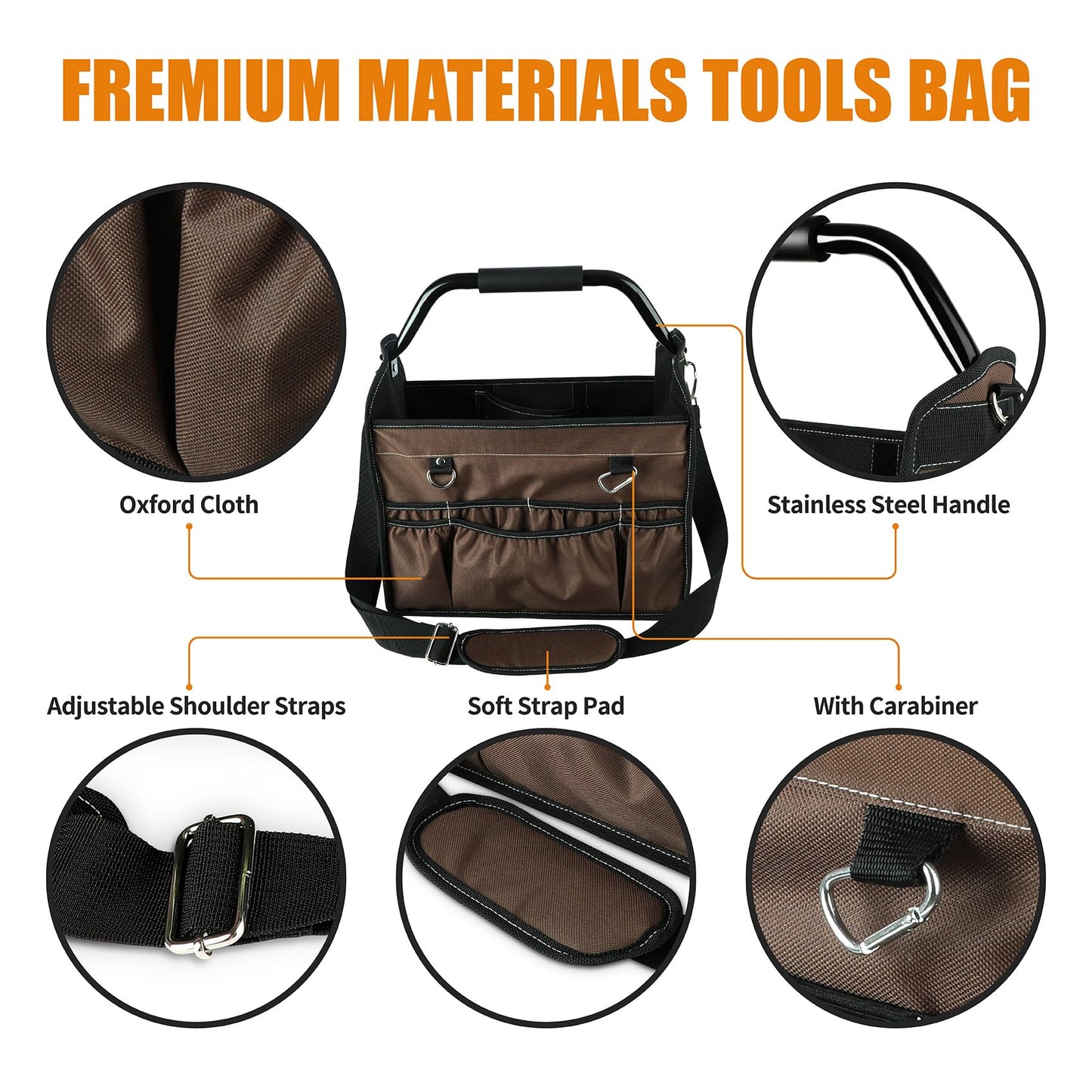 KUNLUN 17-Inch Open Top Tool Bag, Electrician Tool Bag, Tool Tote Bag Organizer for Easy Tool Access, 33 Pockets Foldable Tool Carrier with Rotating Steel Handle and Removable Shoulder Strap, Brown