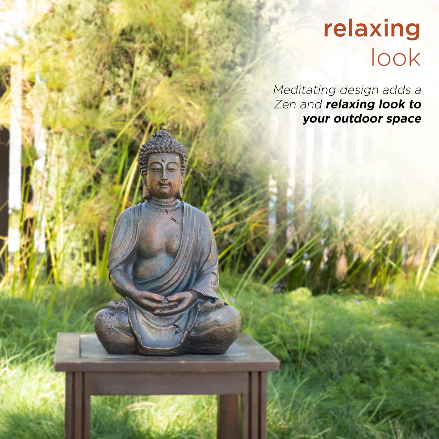 Alpine Corporation 15" Tall Indoor/Outdoor Meditating Buddha Statue, Tabletop Garden Decor, Bronze