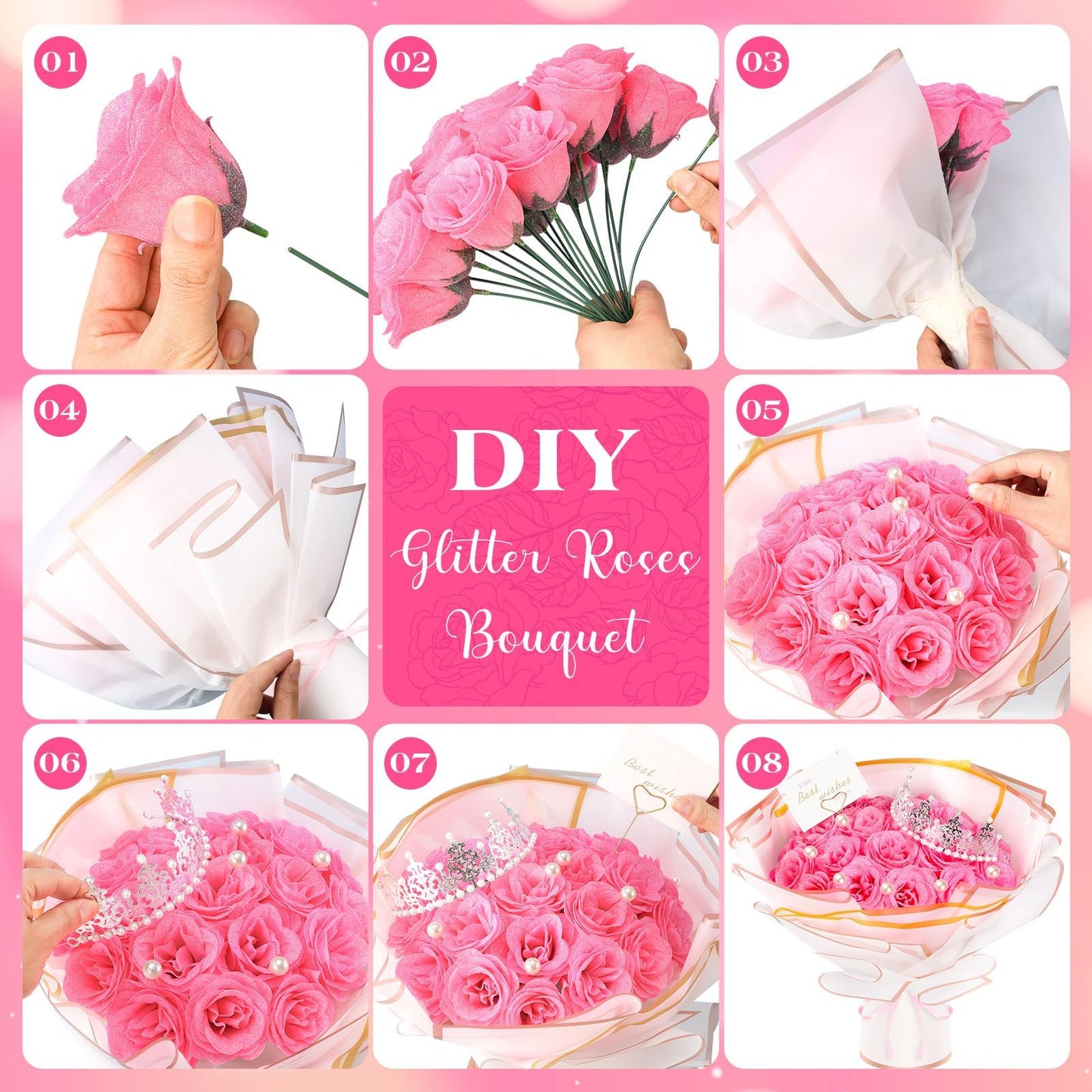 TLY Glitter Roses Bouquet,24 Pcs Pink Flower Bouquet,Birthday Gifts for Women,DIY Artificial Flowers for Mom Grandma Wife Girlfriend Mother's Day Graduation Anniversary Engagement Wedding