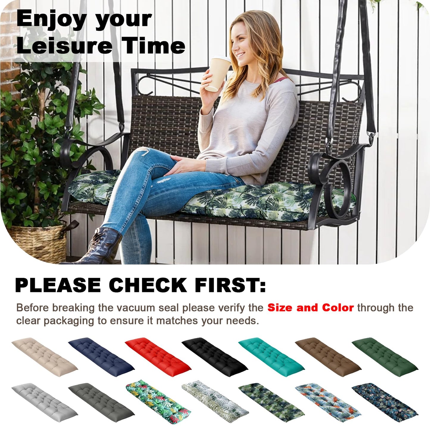 LCKJZYL Porch Swing Cushion 2-3 Seater Replacement, 60*20*4in Waterproof & Fade-Resistant Outdoor Bench Seat Cushion with Strips, Versatile Swing Pads for Camping, Beach, Garden, Patio, Balcony (Palm)