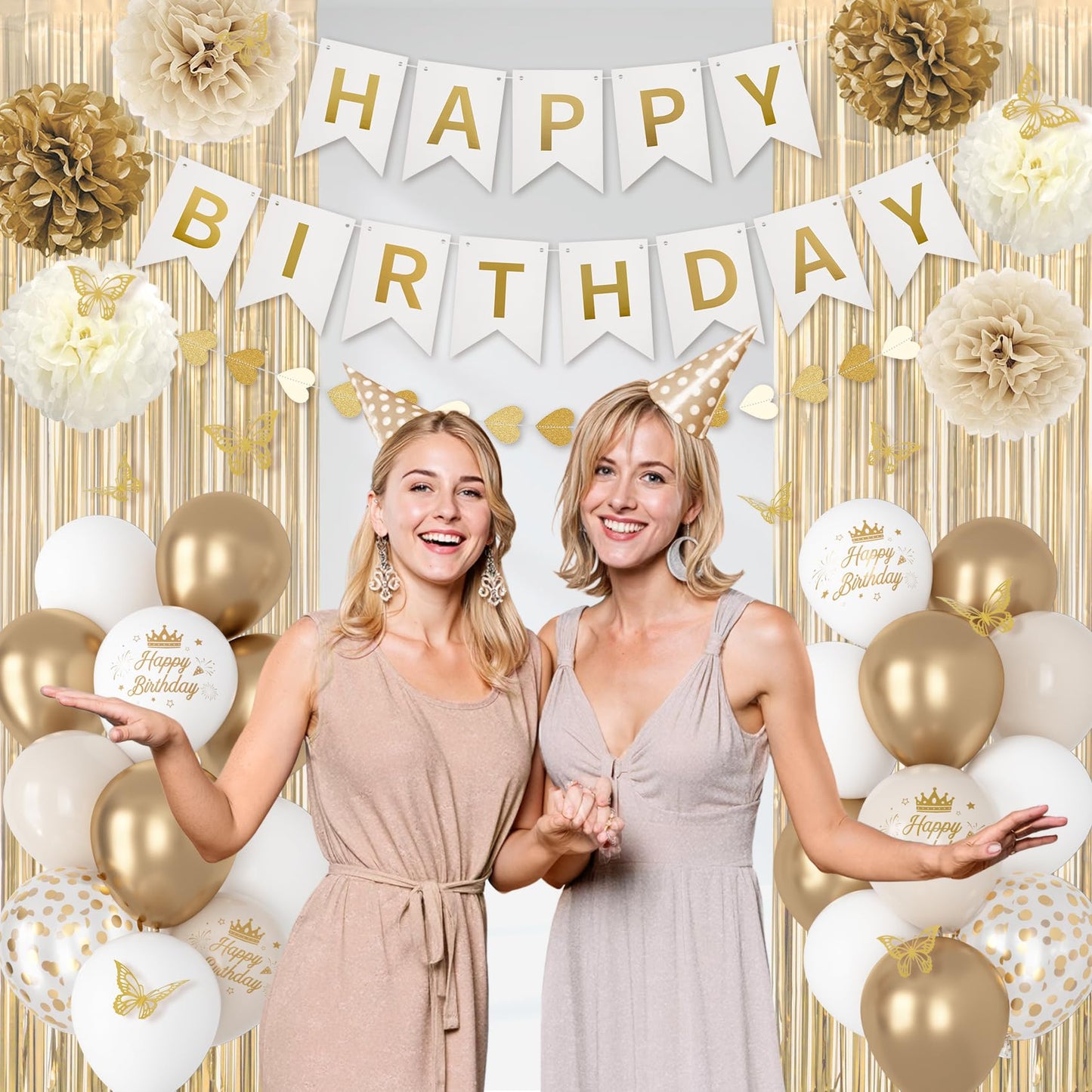 White and Gold Birthday Decorations for Women Girls, Gold White Sand Confetti Metallic Printed Balloon Butterfly Sticker Fringe Curtain Happy Birthday Banner Heart Garland Paper Pompom Party Supplies