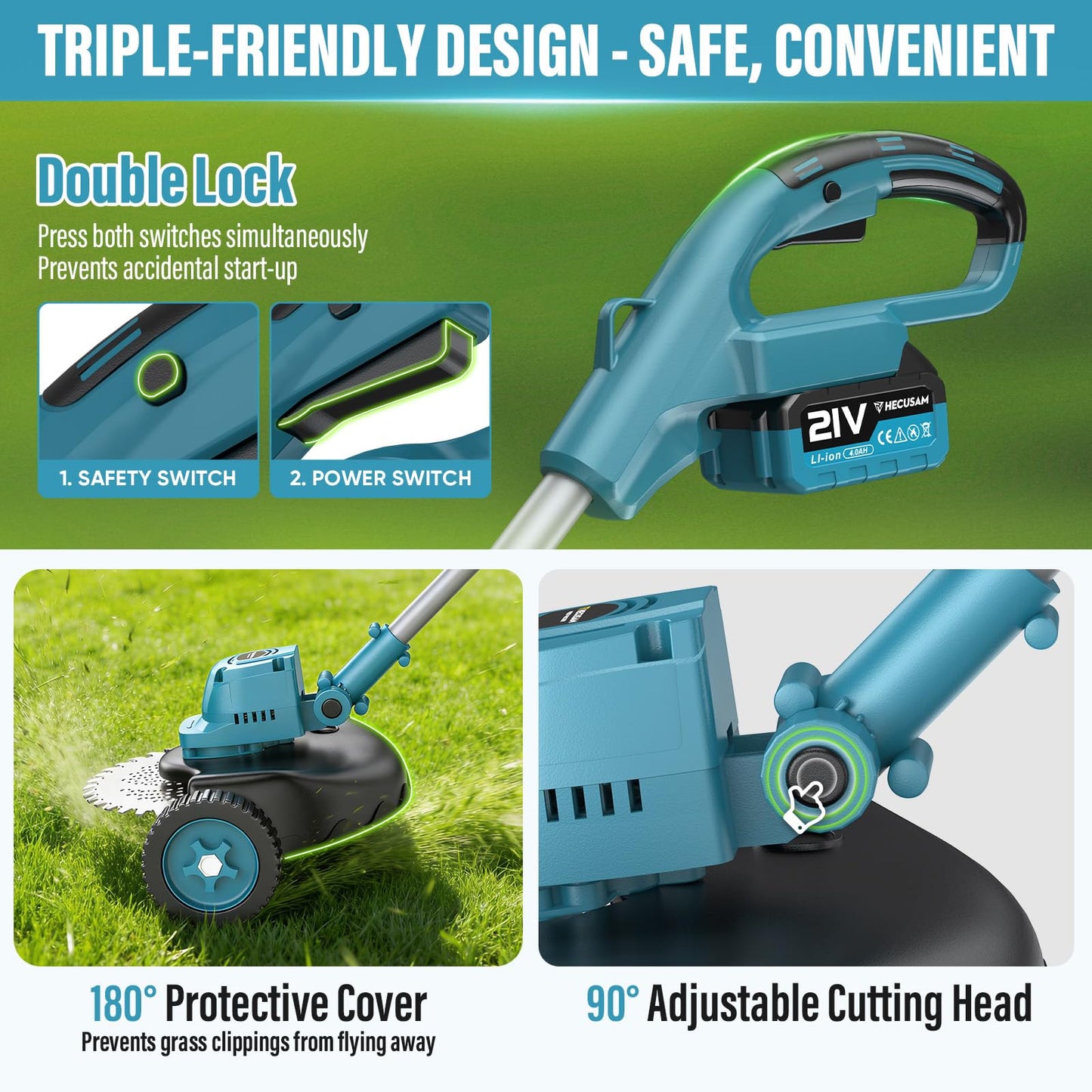 Electric String Trimmer Cordless with Wheel, 1000W Battery Powered Weed Wacker, 2x4.0Ah Batteries, Adjustable Length, 4‑in‑1 Lightweight Grass Trimmer/Brush Cutter/Weed Trimmer/Edger Tool