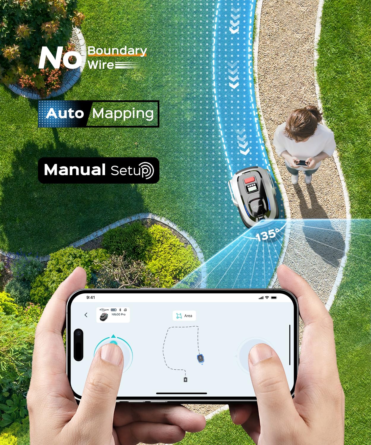 YARDCARE N1600 PRO Wireless Robotic Lawn Mower, RTK & Vision Navigation, Up to 0.4 Acre Coverage, Smart App Control, Multi-Zone Mapping, Systematic Mowing Robot