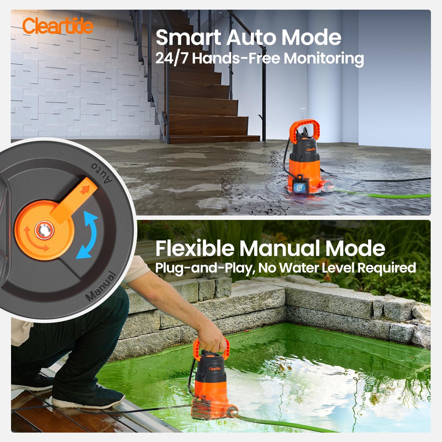 Cleartide 1/3 HP Submersible Utility Pump, 2790 GPH High Flow, Thermoplastic Portable Sump Pump with Auto Water Sensor, Ideal for Pool, Flooded Basement, Hot Tub, Pond & Garden Draining,10 FT Cord