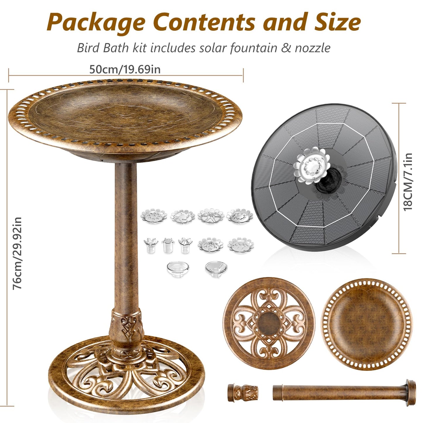 AISITIN 28 Inch Bird Bath with 3.5W Solar Fountain for Outside, Antique Copper Polyresin Pedestal Bird Baths for Outdoor Garden Courtyard Decor, Weather-Resistant Birdbaths with 20" Bowl & 8 Nozzles