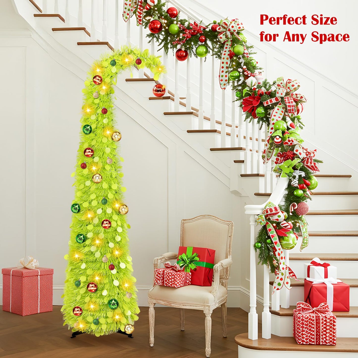 MACTING Whimsical Christmas Tree with Ball String Lights 5FT Green Pop Up Curved Tree with 15 Ball Lights & Hanging Ornaments Collapsible Tinsel Tree for Apartment Porch Indoor Xmas Halloween Decor