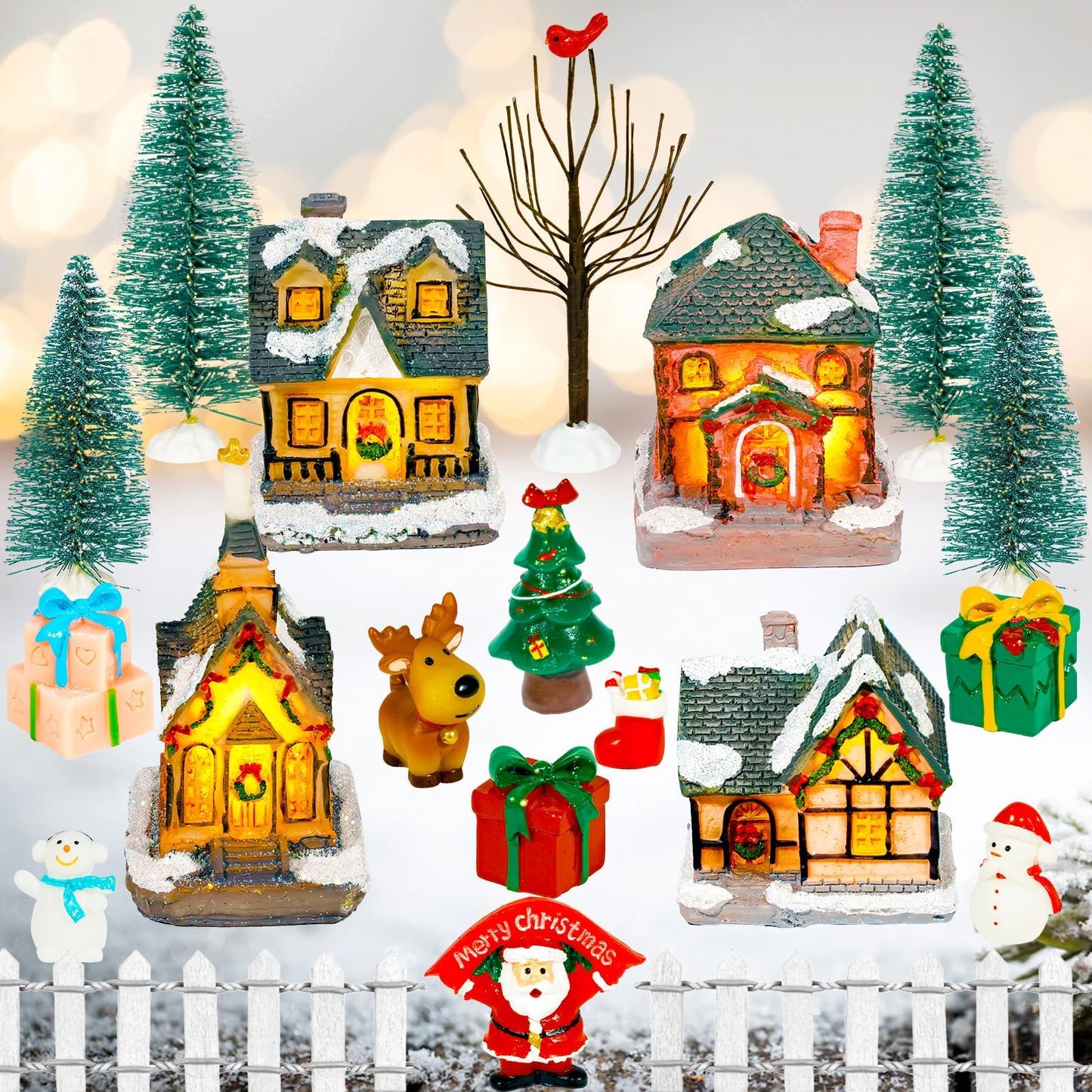 Warmtree 22 Pcs Christmas Village Houses Set, Resin Christmas Scene Village Town, Santa Tree Picket Fence Snow Figurines Accessories for Holiday Home Garden Office Festival Decor