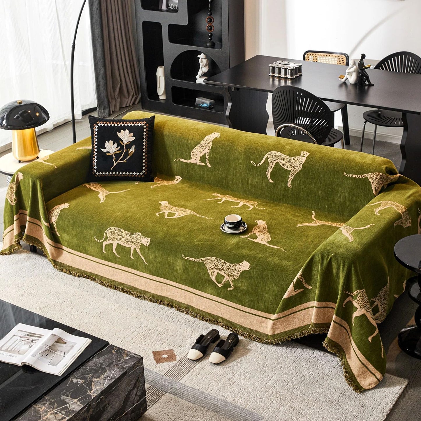 EvaLoome Chenille Sofa Cover with Tassels, Non-Slip Couch Cover for 3/4 Seat Sofas, Washable Furniture Protector for Pets & Kids, Modern Leopard Pattern Chenille Blanket (Green, 71"x165")