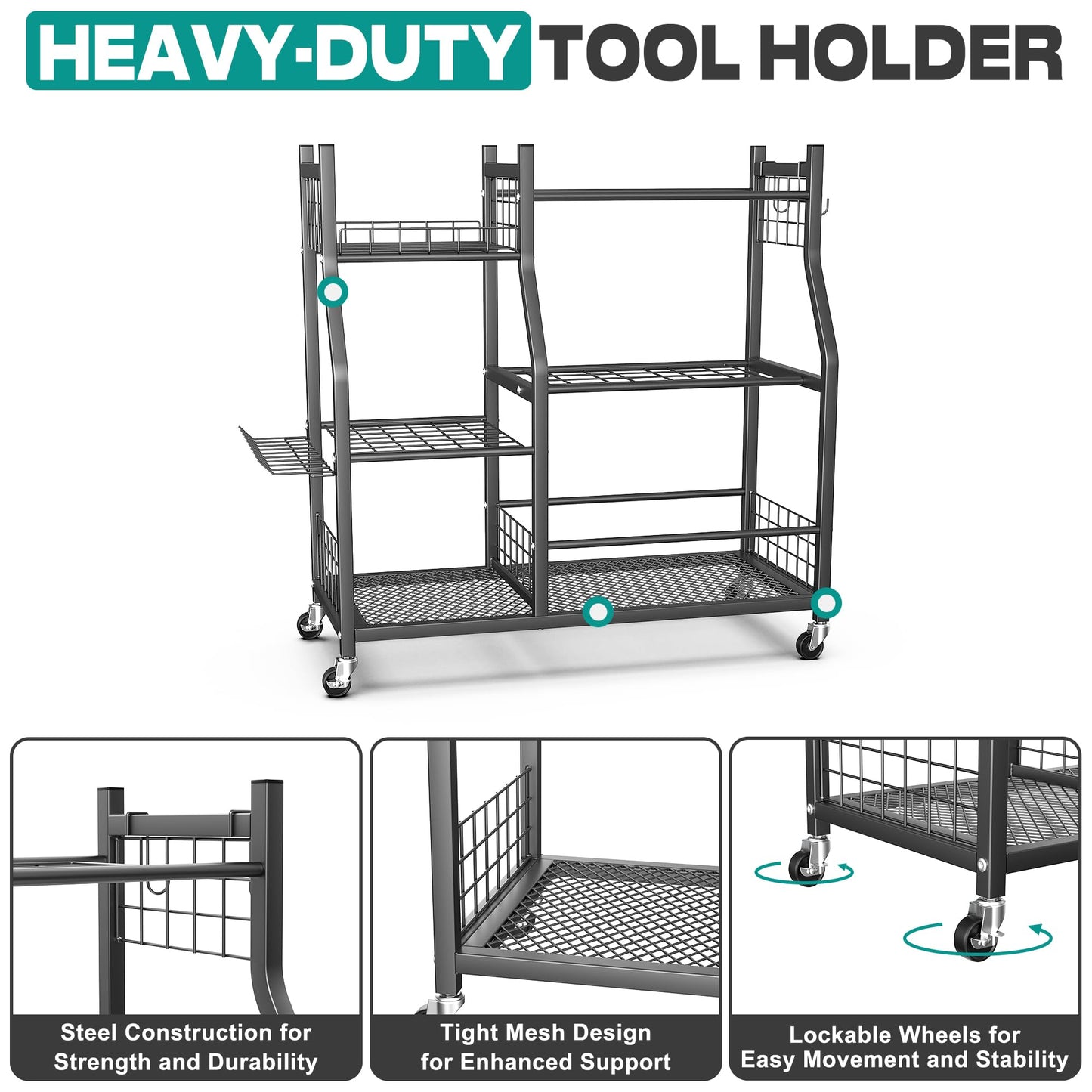 EVERHANGER Garden Tool Organizer Stand, Garage Tool Storage Organization, Yard Tool Racks with lockable wheels, Fit for Long-Handled Tools/Rakes/Brooms