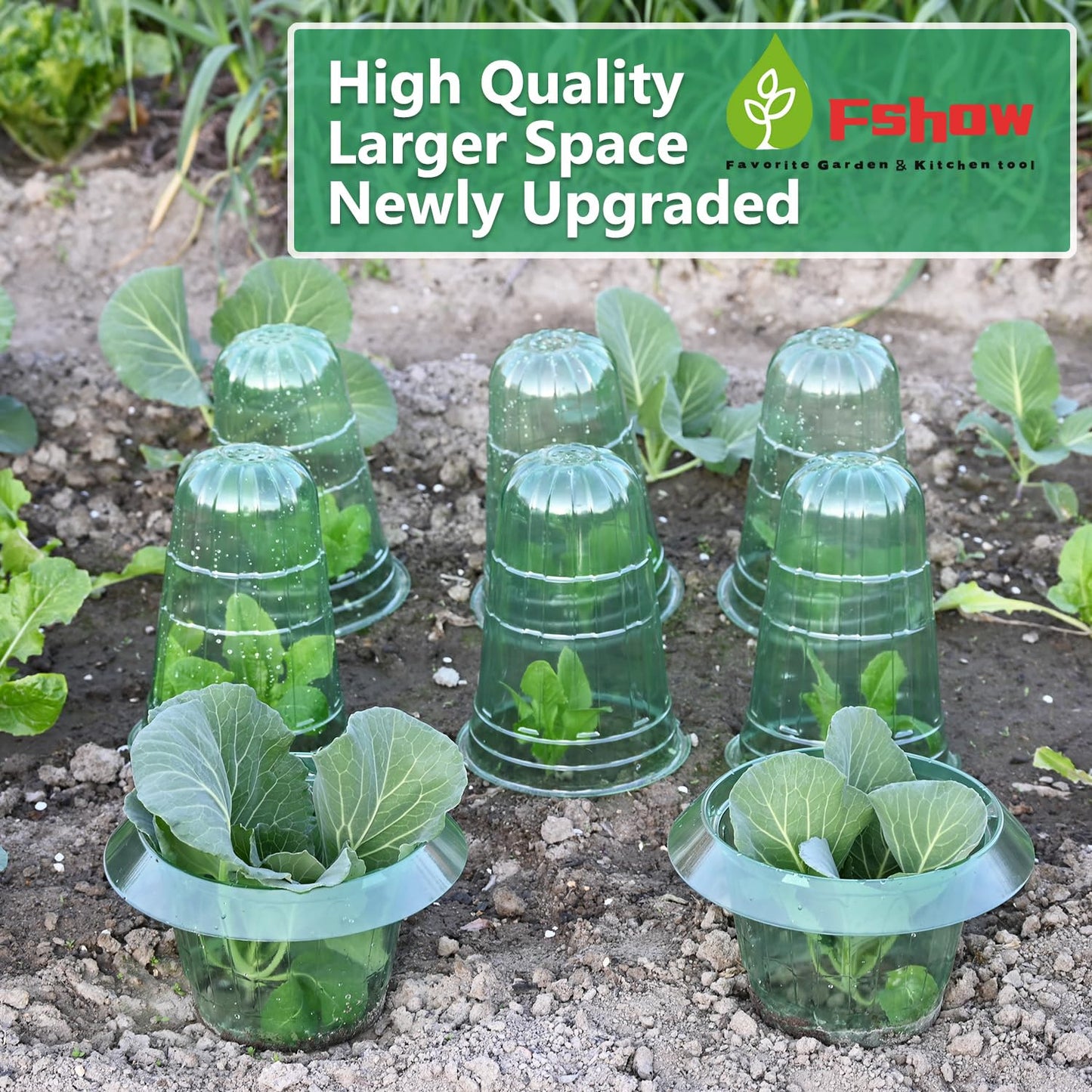 Fshow Upgraded Garden Cloches for Plants, Reusable Bell Plant Protector, Garden Protection from Animals Snails Birds Chickens Insect， Compatible with Slug Collar (Green 10 Pack)