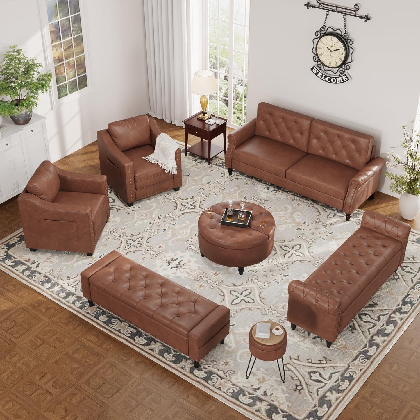 60" Storage Ottoman Bench, Faux Leather Bed Bench with Tufted Buttons and Nailhead Trim, Large Upholstered Ottoman with Storage for King Size End of Bed, Bedroom, Living Room, Entryway, Hallway, Brown