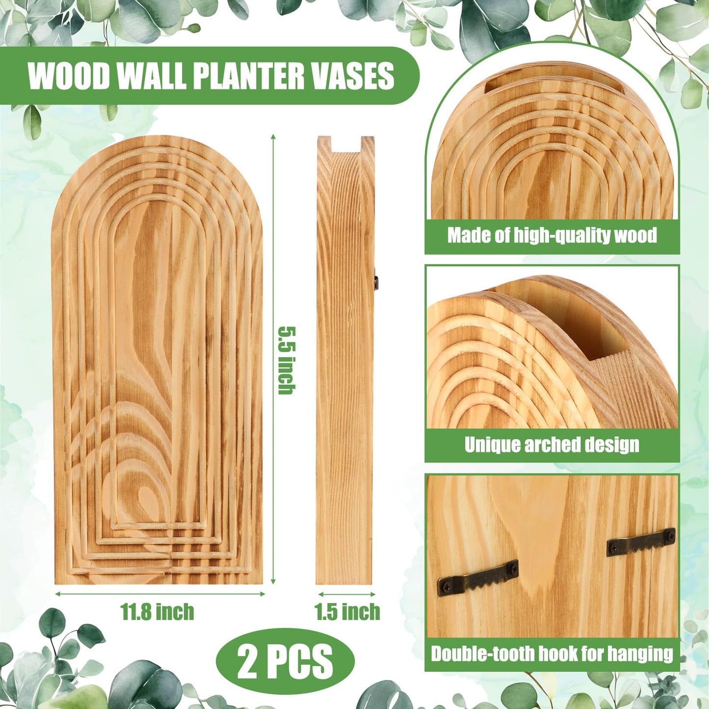 Ninehaoou 2 Pack 15" Wooden Wall Vase with 20 Pcs Artificial Eucalyptus Leaves Stems Planter, Boho Modern Farmhouse Bathroom Hanging Planter for Wedding, Hallway, Bedroom, Living Room