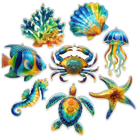 AceOrbit 8 Pcs Large Wooden Coastal Ocean Wall Art Rustic Ocean Theme Wall Decor Wooden Fish Turtle Crab Seahorse Starfish Jellyfish Seashells Coral Decoration with Hooks for Sea Beach Nautical Party