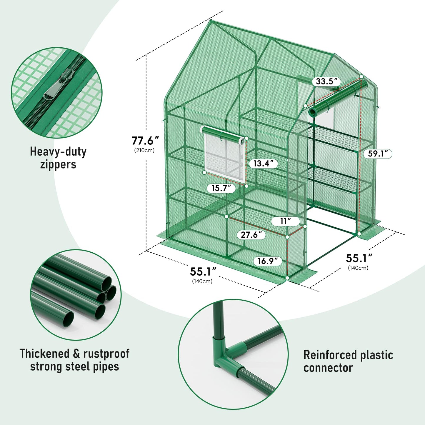 Fatazoii 56×56×78Inch Walk-in Greenhouse for Outdoors with Screen Windows, Heavy Duty Small Plant House with Thicken PE Cover and Steel Shelves, Portable Green House for Outside Garden Winter, Green