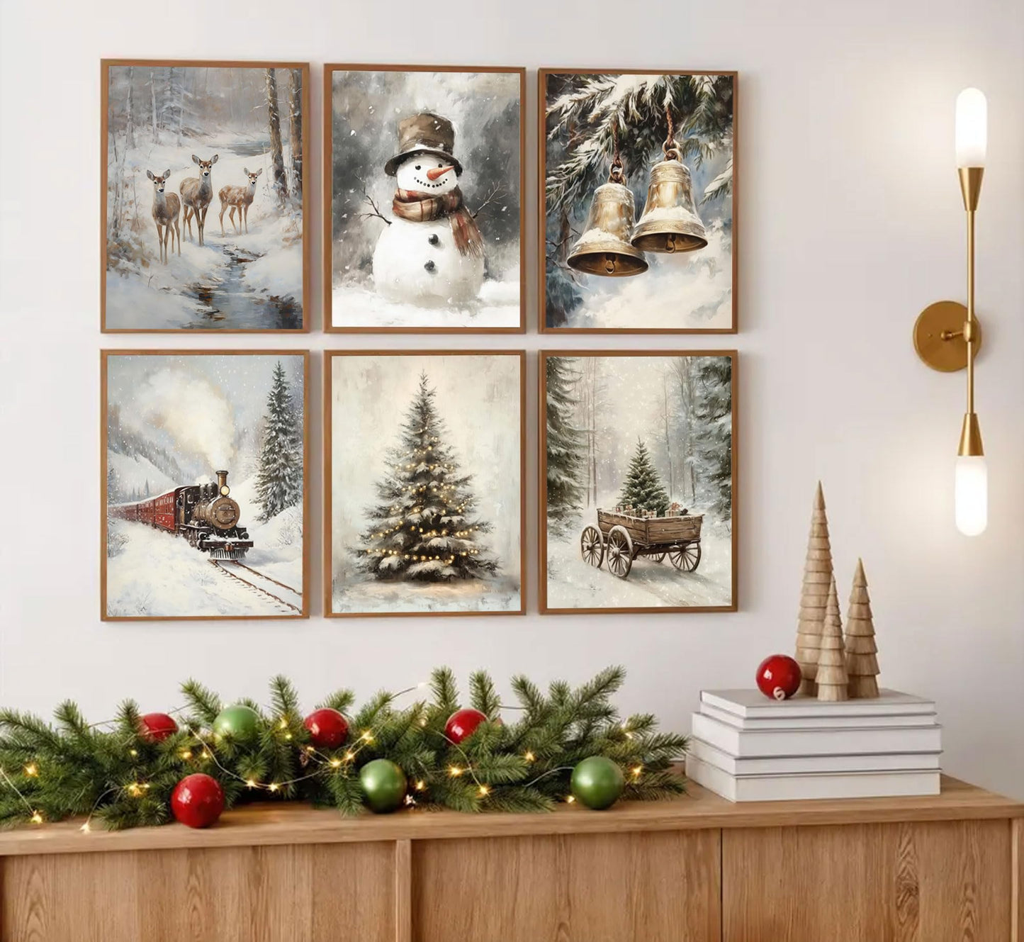 6pcs Retro Christmas Canvas Wall Art Tree Snowman Elk Christmas Posters Prints Paintings Winter Landscape Festive Elements Wall Decor Pictures for Living Room And Bedroom Furniture Decoration Unframed
