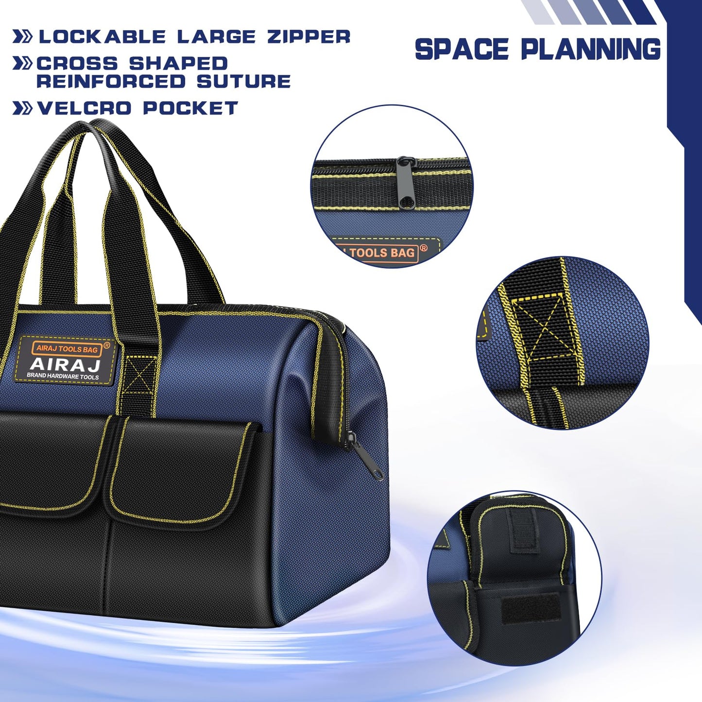 AIRAJ 14 Inch Tool Bag,Wide Mouth Tool Bags for Men,Tools Organizer for Home Repairs,Garage Storage,Professional Work,Portable Small Toolbags