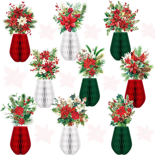 AmazingSpark 9 Pcs Christmas Poinsettia Flower Table Centerpiece Christmas Paper Poinsettia Honeycomb Decoration Holiday Red Flower Honeycomb Centerpiece for Birthday Party Ornaments