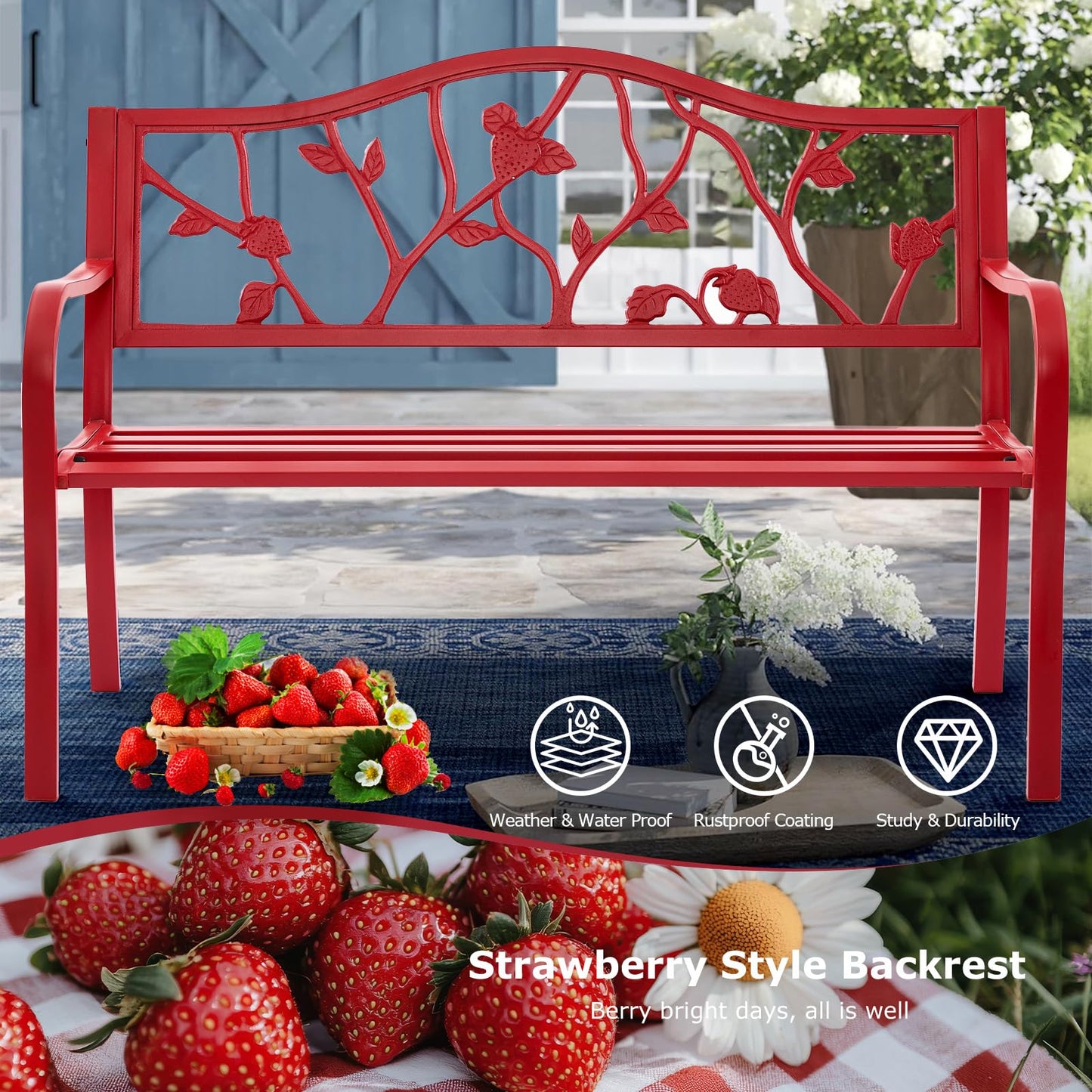 Attliasalon 50” Strawberry Outdoor Garden Bench, Weatherproof Sturdy Cast Iron Metal Frame Patio Park Bench for Porch Yard Lawn Deck Park (Red Strawberry Style)