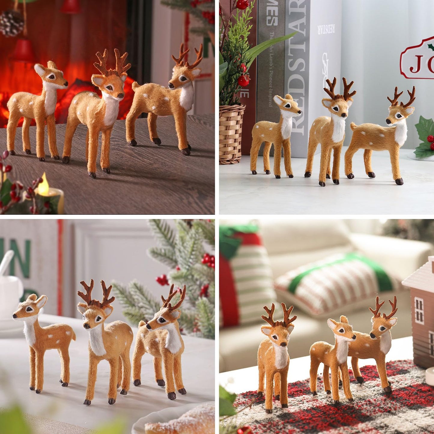 3 Pack Christmas Reindeer Figurines, Festive Holiday Decorations, Rustic Elk Ornaments, Handcrafted Tabletop Decor for Home, Office, Fireplace, Mantle