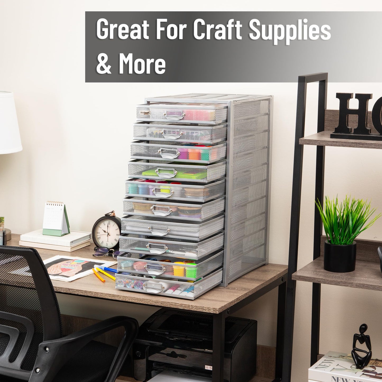Mind Reader 10-Drawer Desk Organizer for Office Supplies, Crafts, Mail Sorting & More, Metal Mesh, 10.75"L x 14"W x 21.25"H, Silver