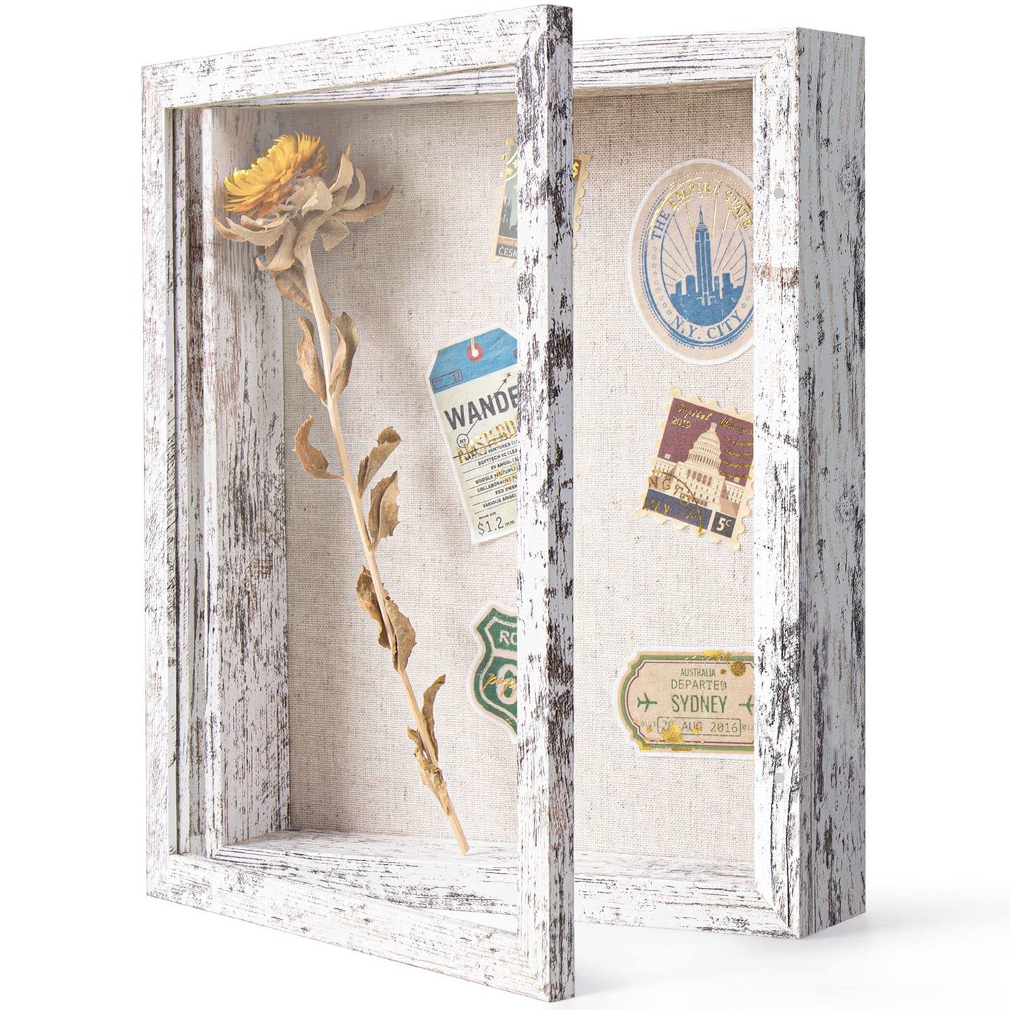 Califortree 8x10 Shadow Box Frame with Linen Back - Real Glass, Push Pins Included, Sturdy Rustic Memory Display Case, Fits 6.8x8.8 Inserts, Distressed White