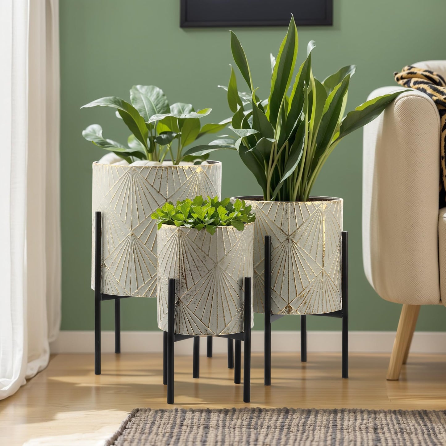 LuxenHome Planters for Indoor Plants, Set of 3 Floor Plants Pots with Stands, Modern Decorative Metal Flower Pots, Green Gray Cachepot Planters,10.5", 12", 14" Inch