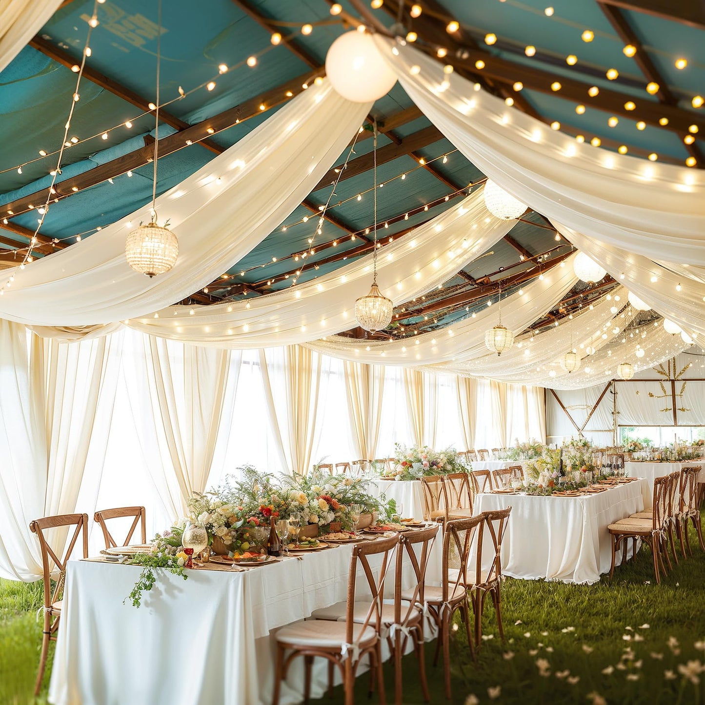 Ivory Ceiling Drapes with Lights - String Drapes for Wedding & Party Decorations - 5ftx10ft Sheer Tulle Curtains