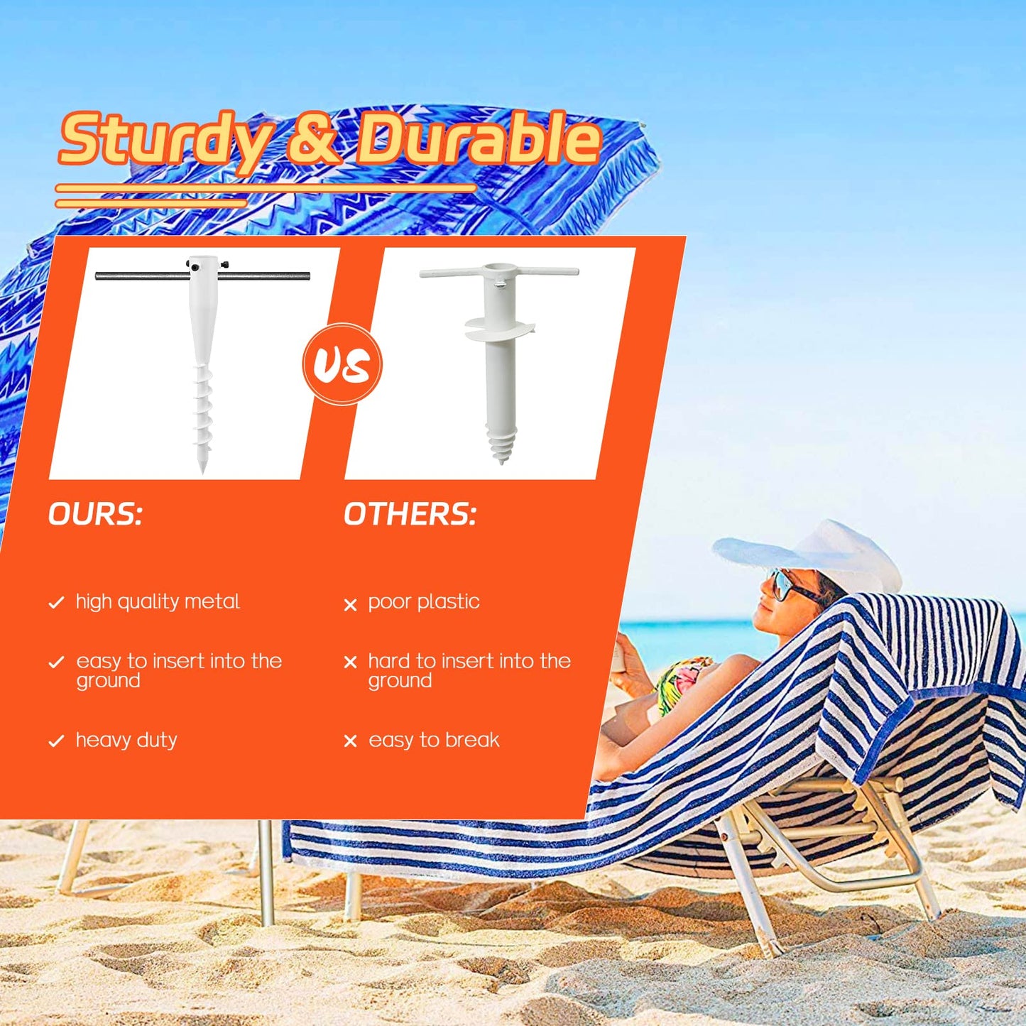 TALITARE Beach Umbrella Sand Anchor,17 Inches Heavy Duty Metal No Dig Beach Sand Ground Anchor,Windproof Umbrella Holder for Use in Ground, Soil, Grass, Sand (White,1Pcs)