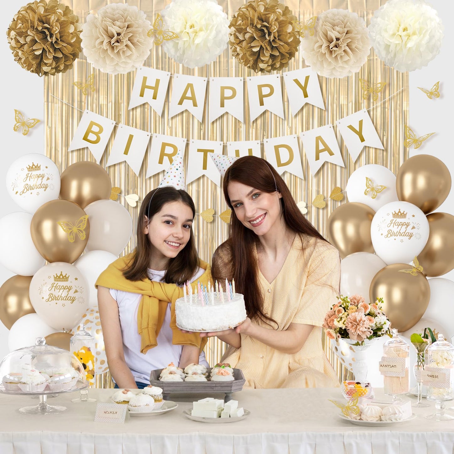 White and Gold Birthday Decorations for Women Girls, Gold White Sand Confetti Metallic Printed Balloon Butterfly Sticker Fringe Curtain Happy Birthday Banner Heart Garland Paper Pompom Party Supplies