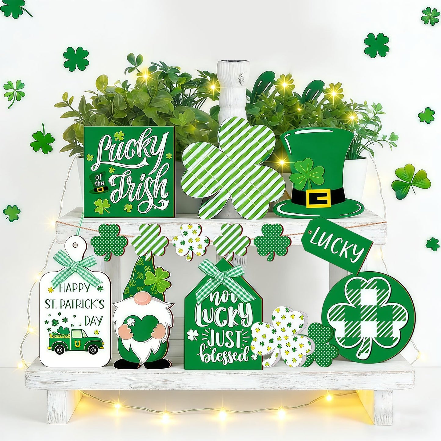 15PCS St. Patrick's Day Tray Decor Wooden Signs Table Centerpieces with Plush Gnome, Shamrock Pattern, Blessing Ornaments & 1 Mini String Light for St. Patrick's Day Party Tabletop Tray Decoration