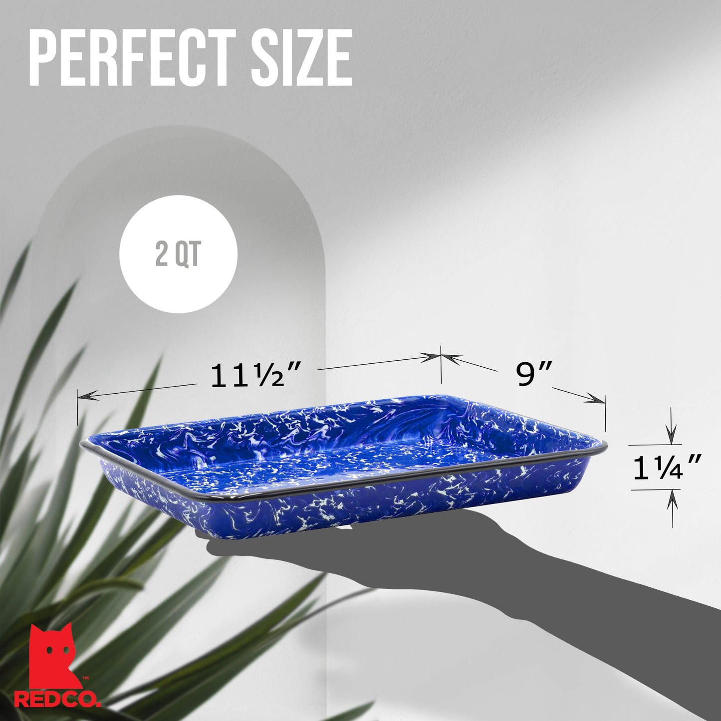 Red Co. 11" x 9" Enamelware Metal Classic 2 Quart Rectangular Serving Tray, Navy Blue Marble/Black Rim - Splatter Design