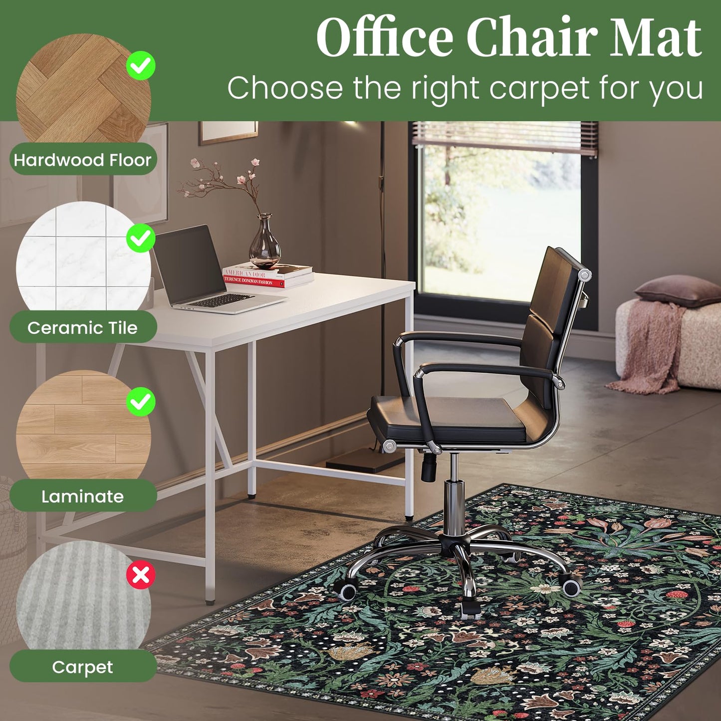 Office Chair Mat for Hardwood Floor & Tile Floor,36"X 48" Heavy Duty Desk Chair Mat for Hard Floors, Under Desk Rug for Rolling Computer Chair,Anti Slip,Low Pile Carpet Floor Protector-Green Grass
