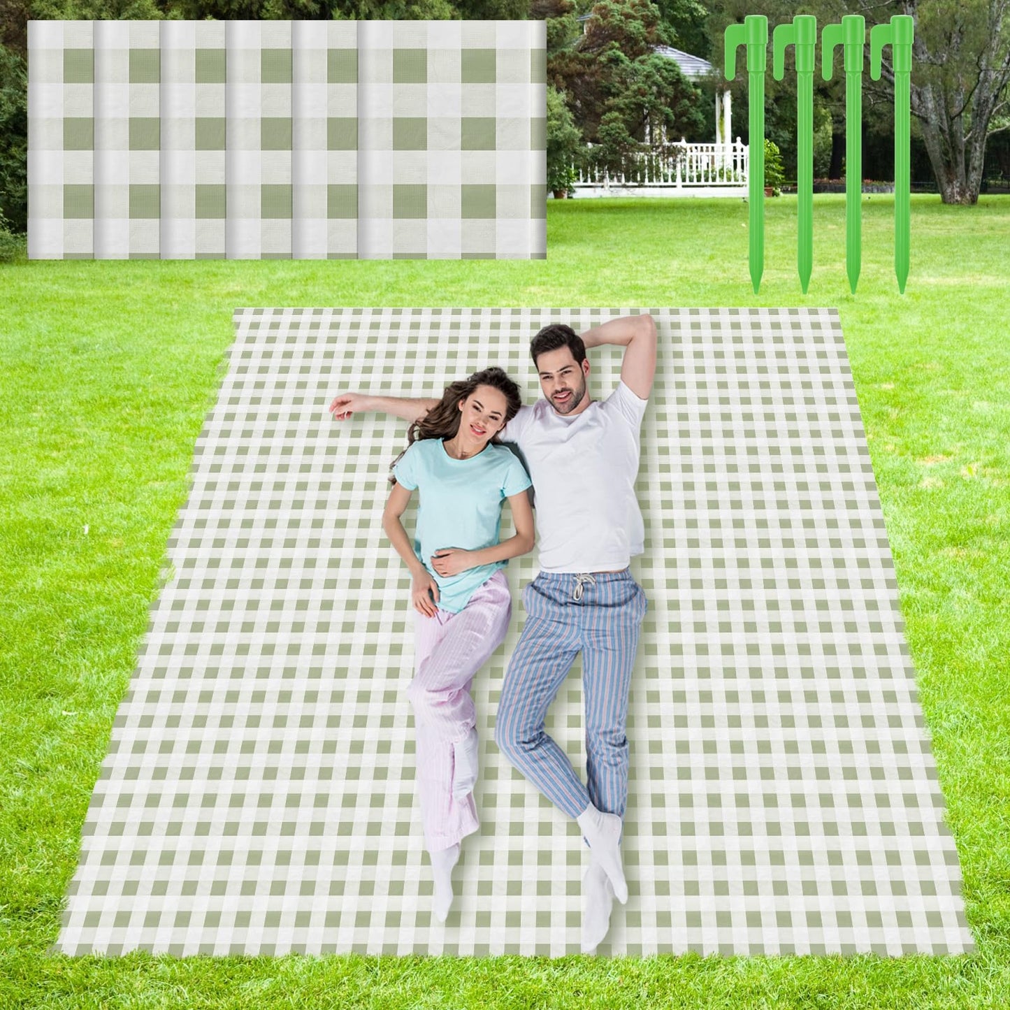 HunnmingRe 6 Pcs Disposable Outdoor Picnic Blankets 71''x71'' Thicken Foldable Waterproof Picnic Mats Gingham Oil Proof Camping Blankets with 4 Ground Spikes Beach Travel Hiking(Green and White)