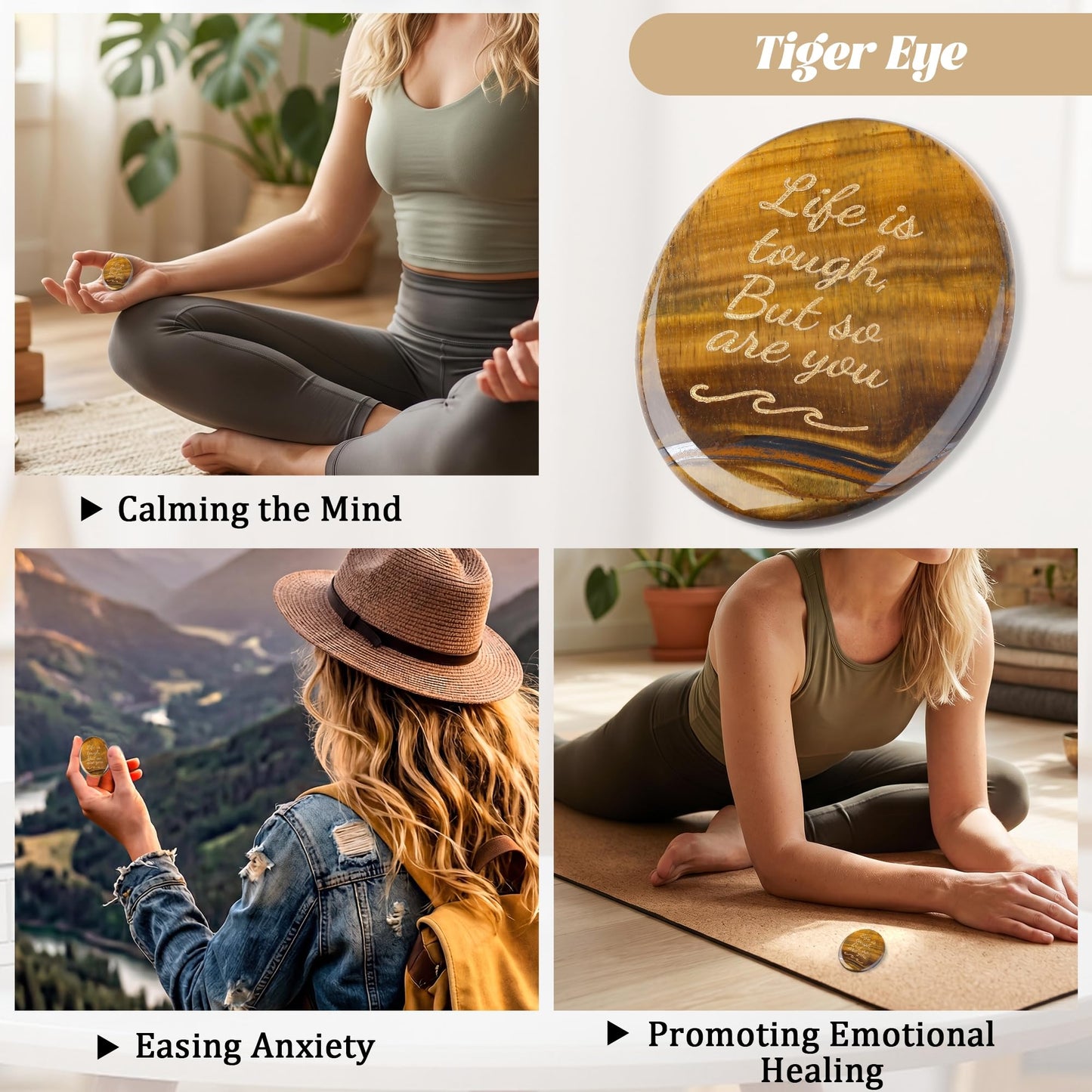 NUKAYAI Inspirational Gifts Worry Stone Tiger Eye Crystal Crystals and Healing Stones Natural Meditation Accessories Gemstones Trinkets Pocket Stress Relief Anxiety Relief Items Gifts for Women Men