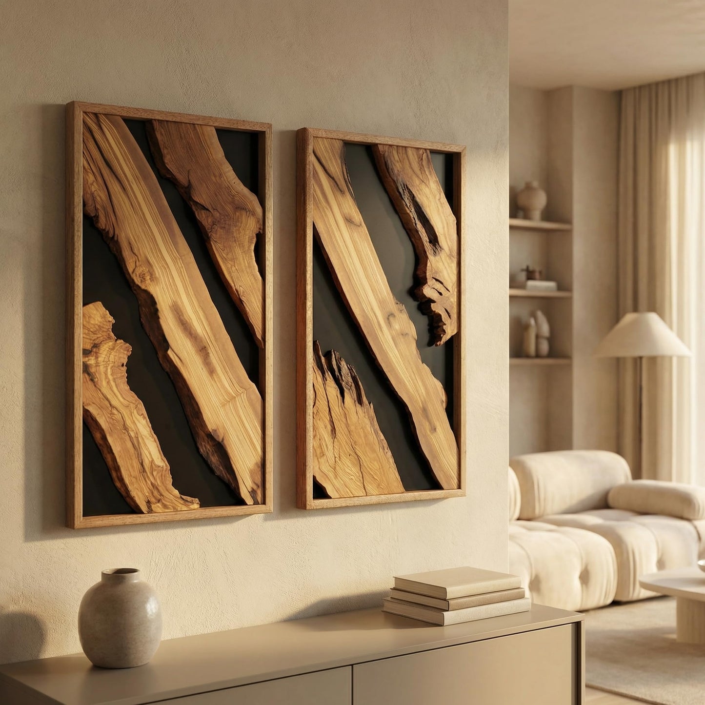 Natural Wood Framed Olive Wood Wall Art - Single Panel Solid Wood Decor for Living Room, Office, Bedroom & Entryway - Handcrafted Live Edge Hanging 14"x20"