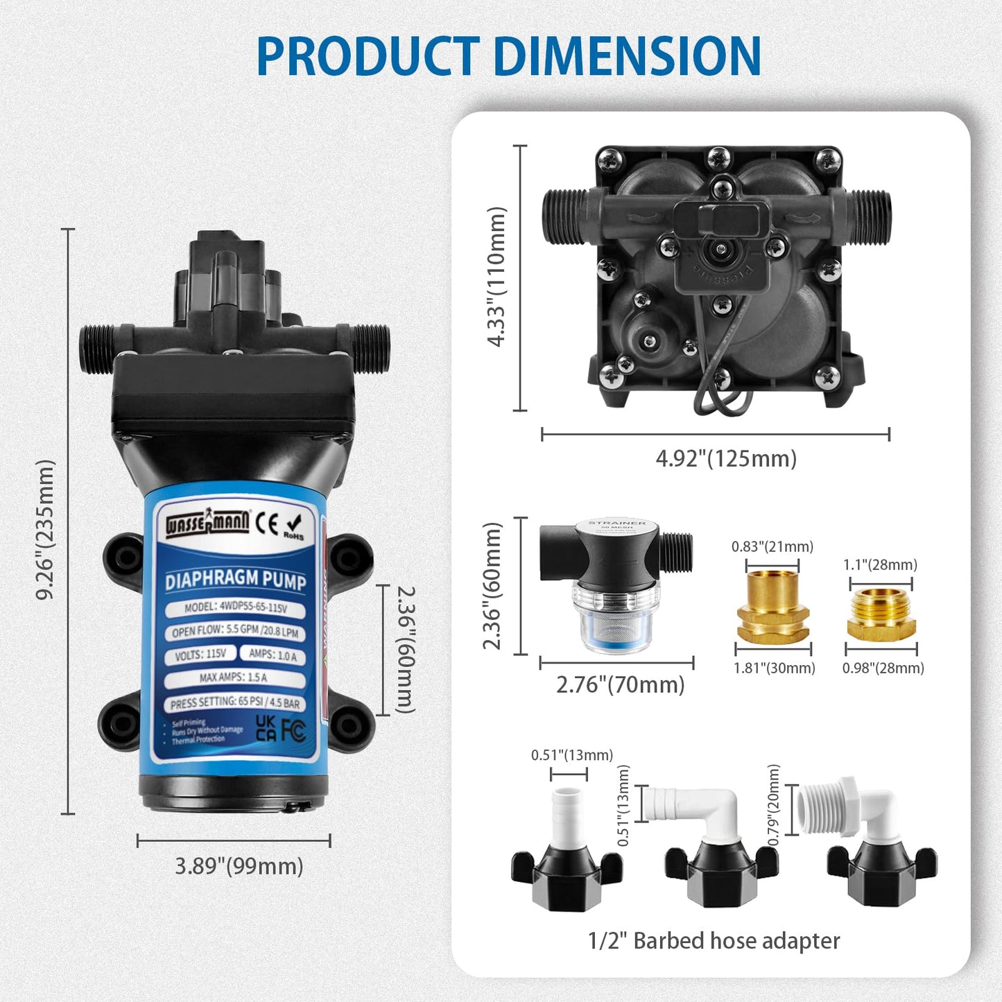 WASSERMANN 115V AC Diaphragm Pump, 5.5 GPM 65 PSI 1/2" NPSM Connection, 4-Chamber Self-Priming Fresh Water Pressure Pump with Pressure Switch for Garden Kitchen Bathroom Marine Camper RV