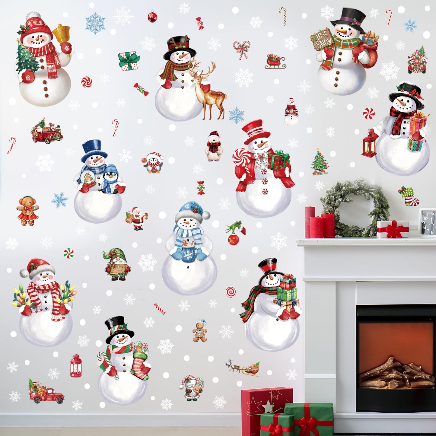 12 Sheets Christmas Snowman Wall Stickers Decorations, Xmas Wall Decals Holiday Snowman Snowflakes Floor Wall Vinyl Stickers for Living Room Bedroom Home Office Decor