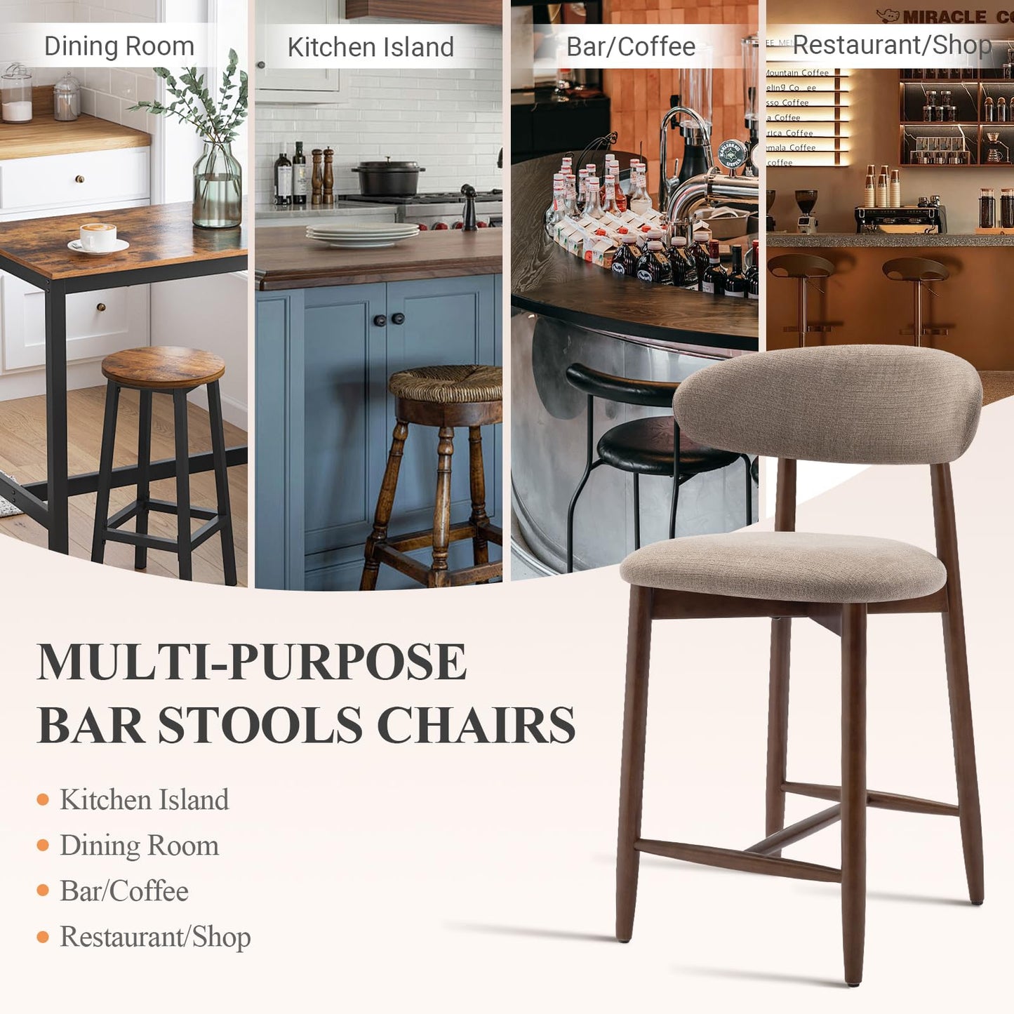 COLAMY Upholstered Counter Bar Stools, Kitchen Island Stools with Back, Modern Counter Height Stools with Wood Legs for Kitchen Island Dining Room Bar, Camel