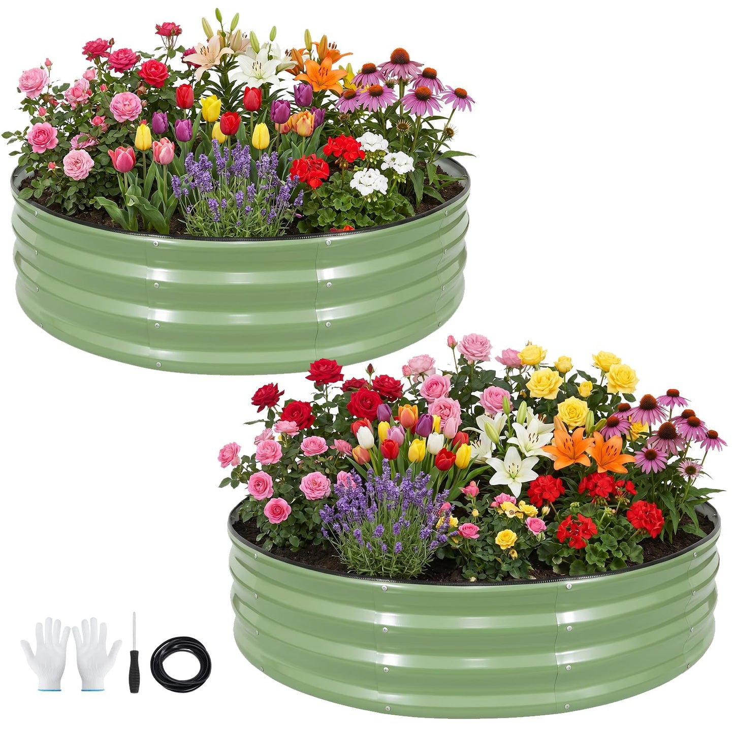 VIREO GARDEN Galvanized Raised Garden Bed Outdoor 2Pcs | 4x4x1ft Metal Raised Beds for Gardening with Safety Rubber Strip | Round Planter Box for Plants Like Vegetables Fruits Flowers, Olive Green