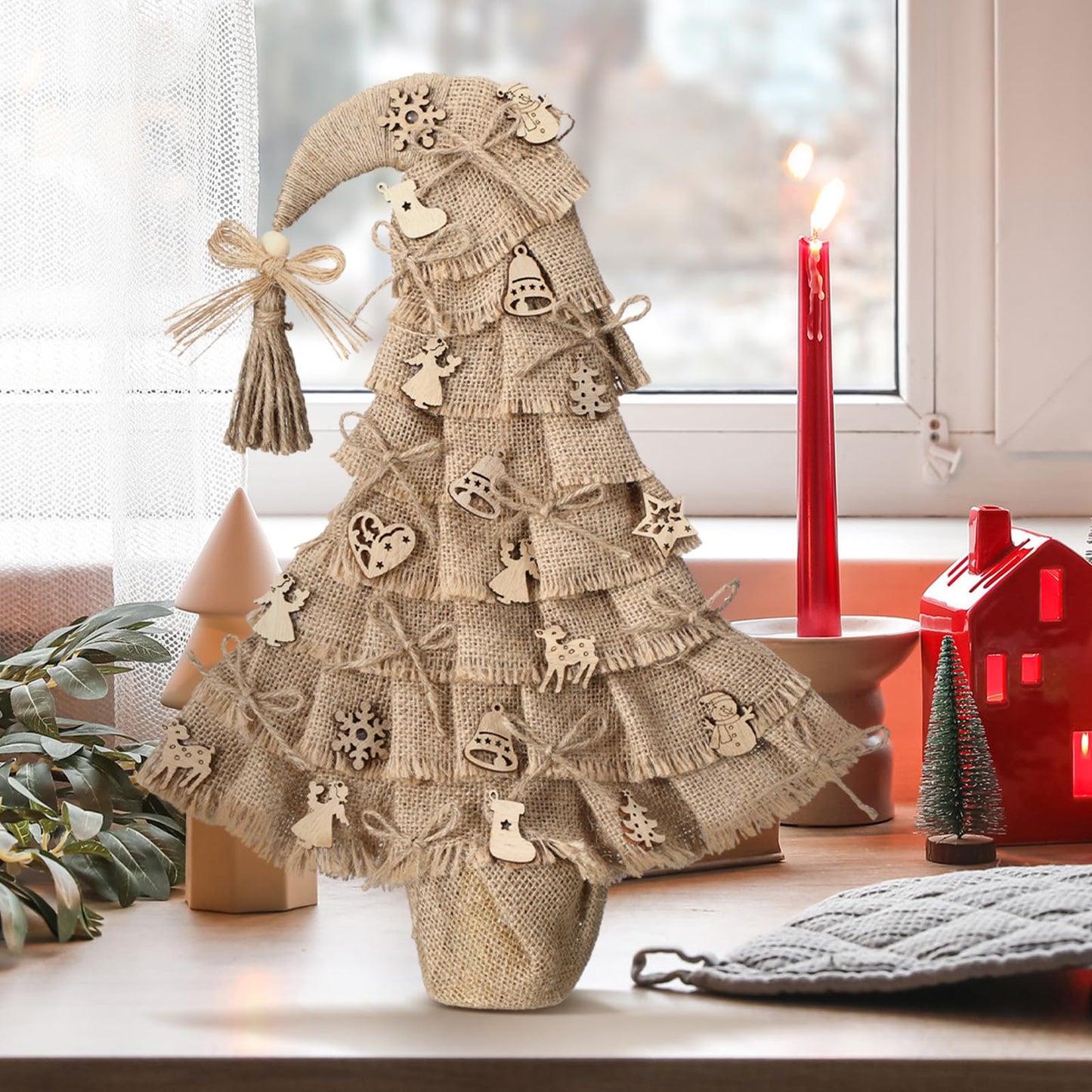 Civaner Boho Christmas Tree Tabletop Decor 16 Inch Mini Christmas Tree Burlap Jute Xmas Table Decoration with Santa Hat Bow Snowflake Bell Deer Design for Xmas Holiday Farmhouse Home Kitchen